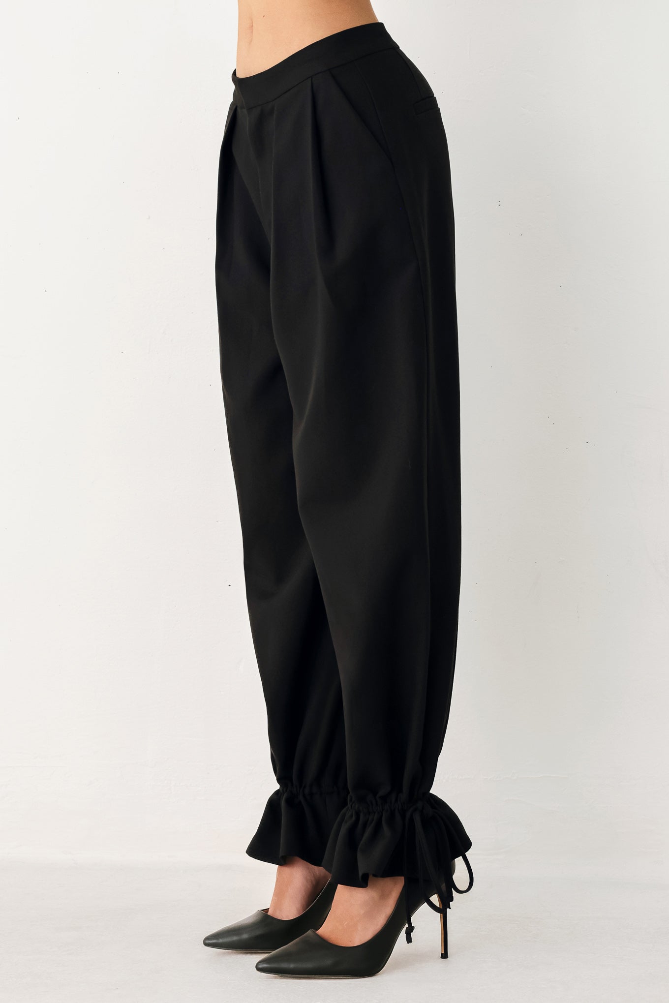 Noir Drawstring Woven Pants in black, view 3 — Soul Flow Apparel