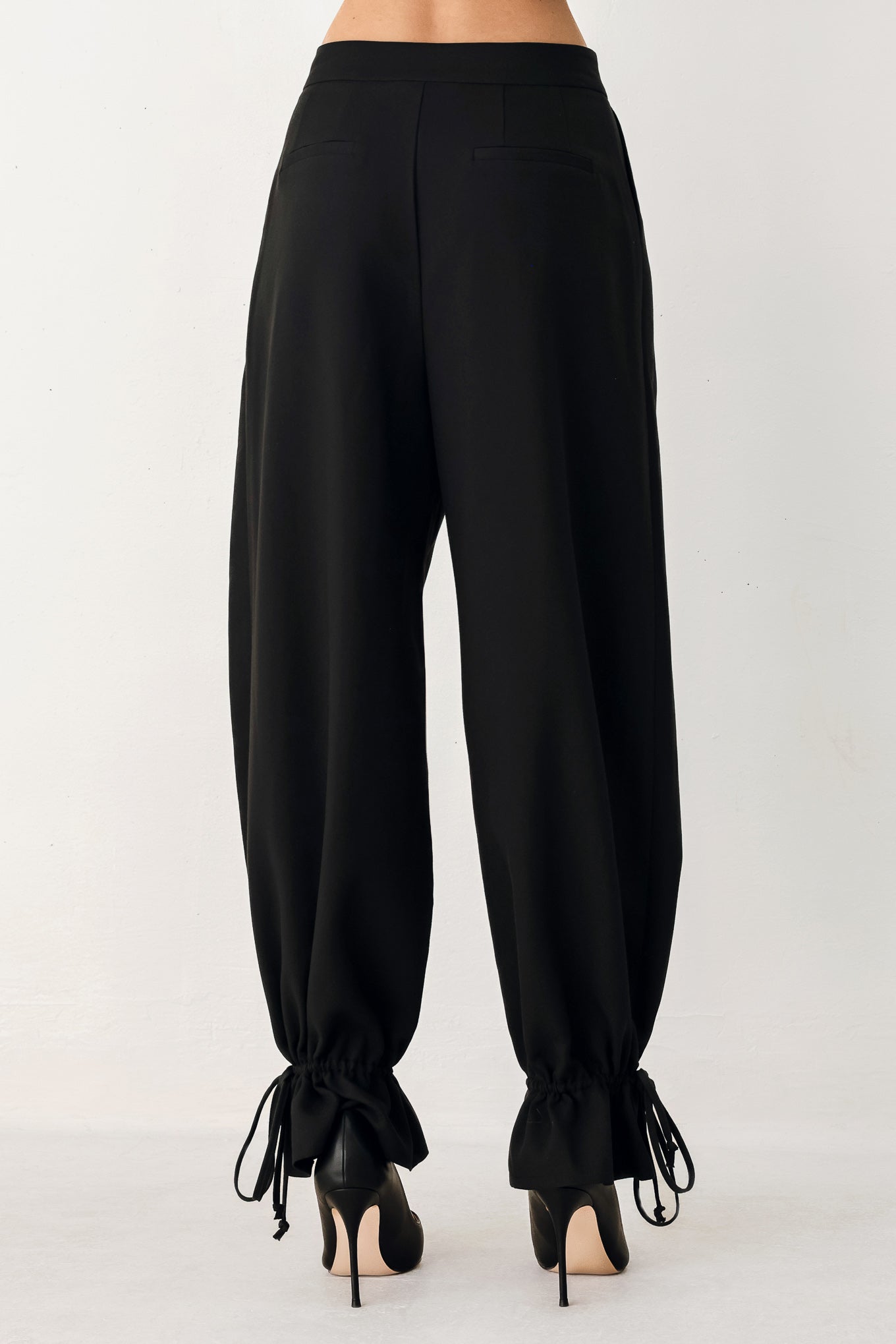 Noir Drawstring Woven Pants in black, view 4 — Soul Flow Apparel