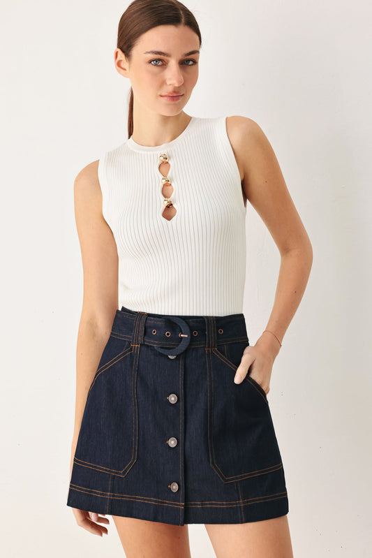 Chic Charm Denim Skort in dark denim, view 2 — Soul Flow Apparel