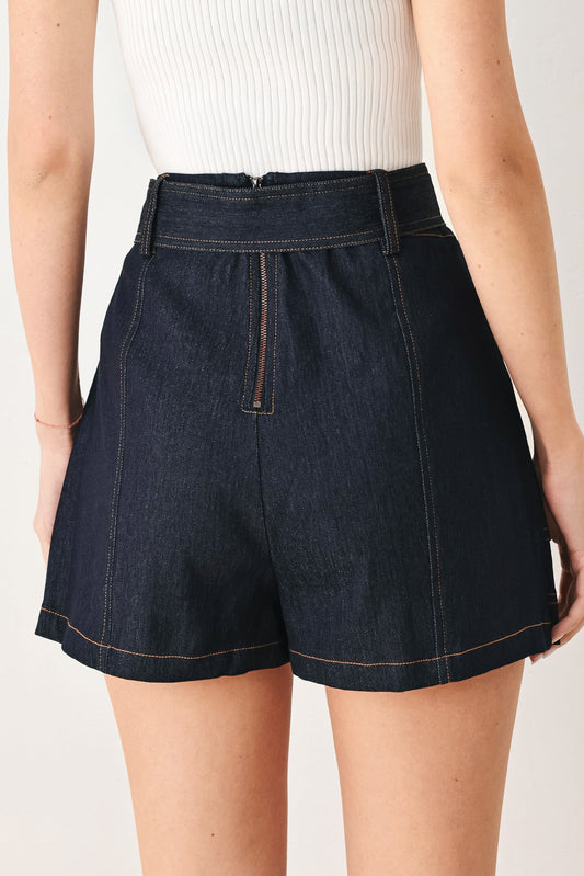 Chic Charm Denim Skort in dark denim, view 7 — Soul Flow Apparel