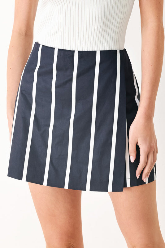 Dark Rhythm Stripe Woven Skort in navy white, view 1 — Soul Flow Apparel
