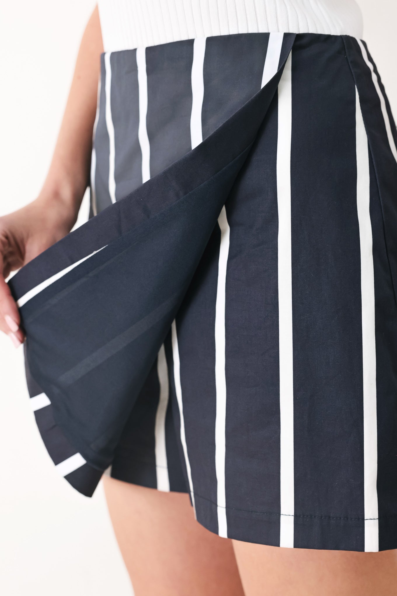 Dark Rhythm Stripe Woven Skort in navy white, view 3 — Soul Flow Apparel