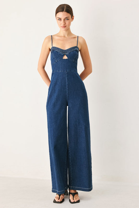 Sweet Charm Denim Jumpsuit in medium denim, view 1 — Soul Flow Apparel
