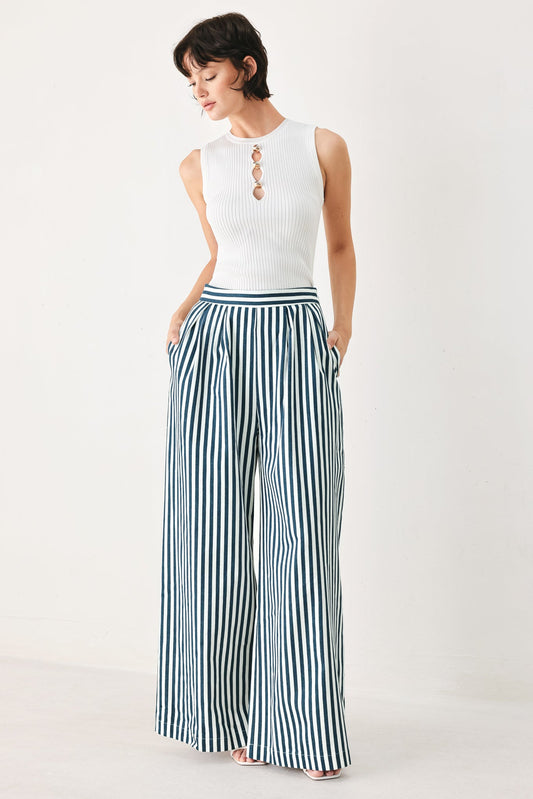 Portside Stripe Woven Wide Leg Pants in blue white, view 6 — Soul Flow Apparel
