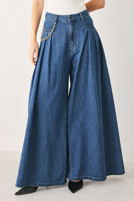 Statement Blue Wide Leg Denim Pants in medium indigo, view 1 — Soul Flow Apparel