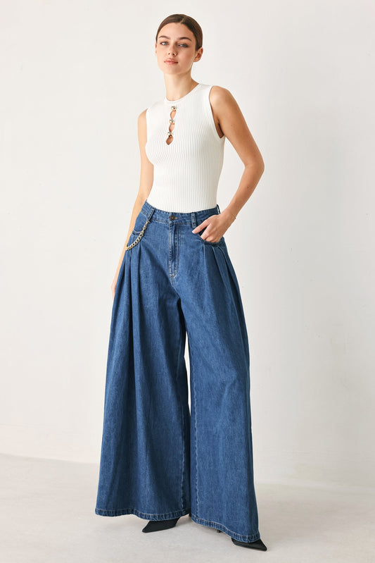 Statement Blue Wide Leg Denim Pants in medium indigo, view 2 — Soul Flow Apparel