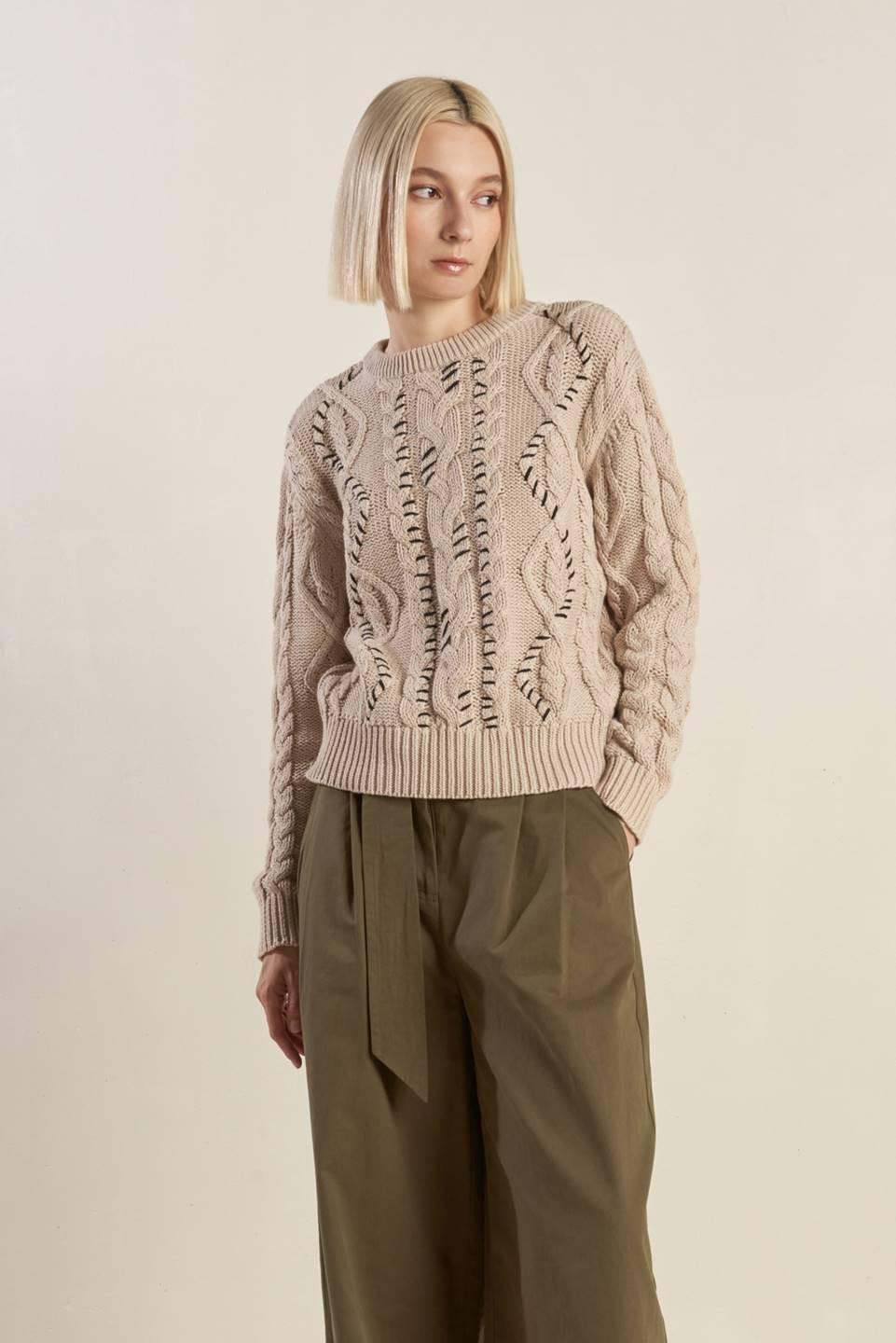 Little Bit in Love Sweater Knit Top in khaki black, view 1 — Soul Flow Apparel