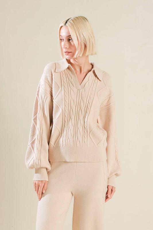 Hold Your Gaze Sweater Knit Top in taupe, view 1 — Soul Flow Apparel