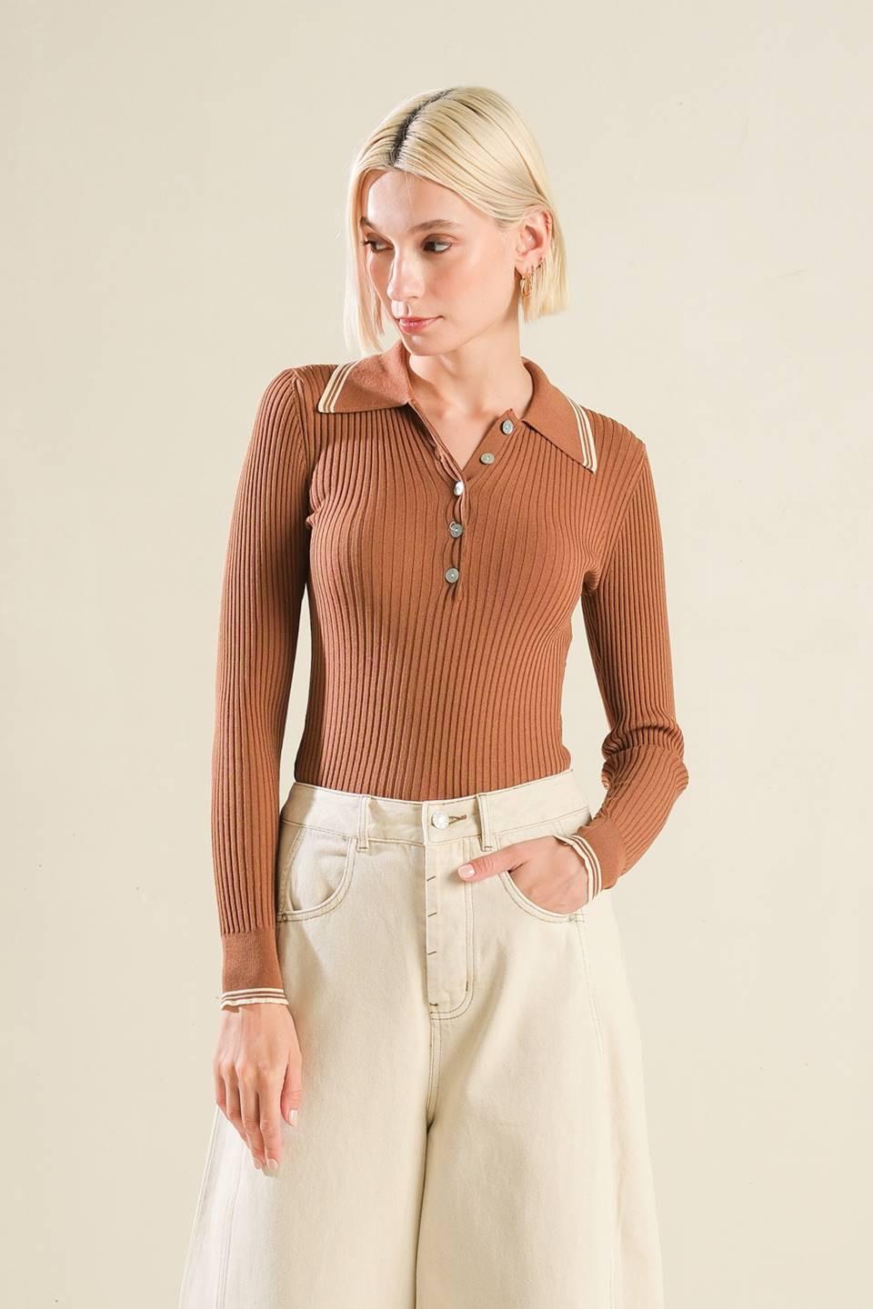 I'll Think About Polo Top in brown cream, view 1 — Soul Flow Apparel