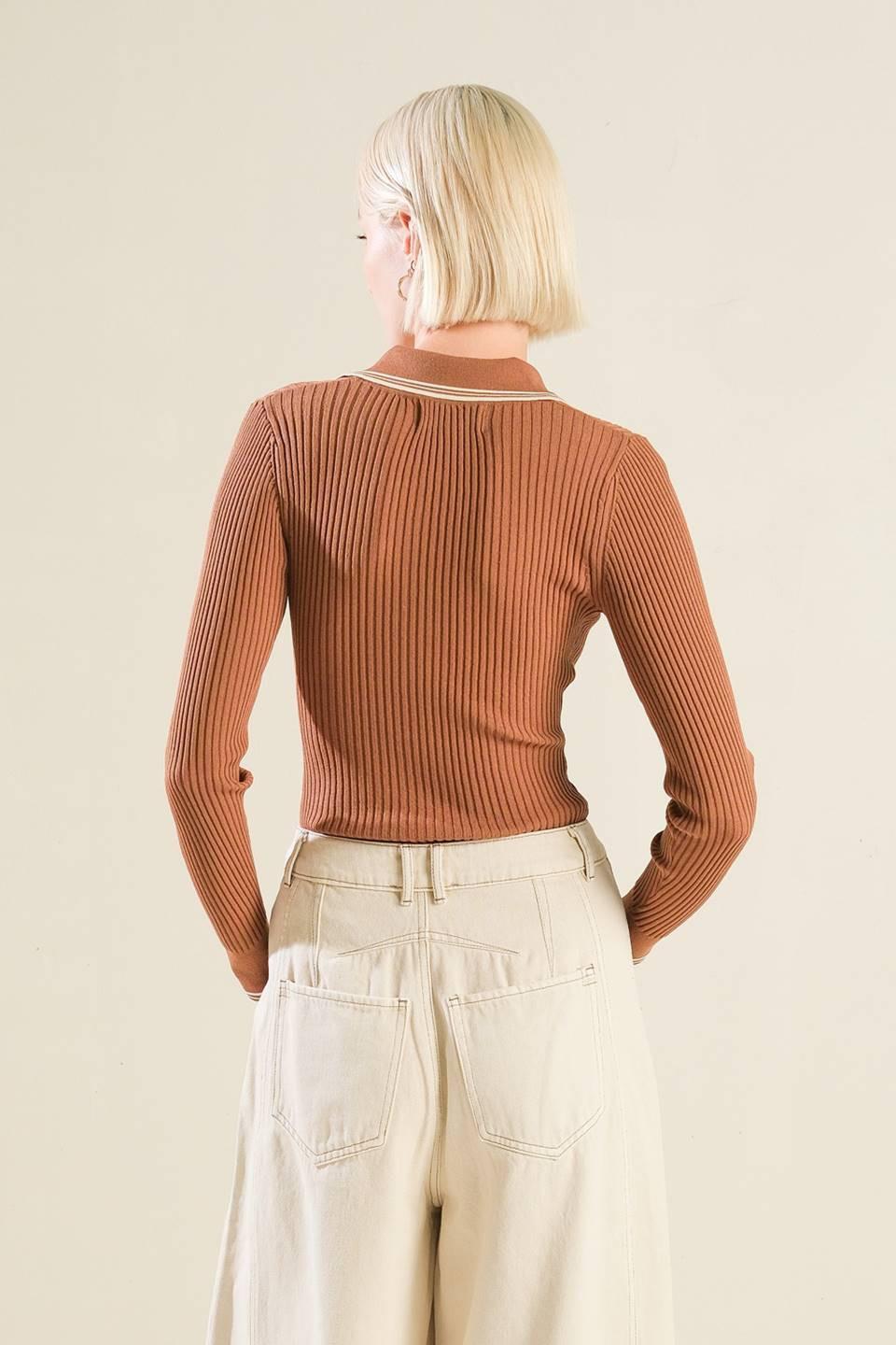 I'll Think About Polo Top in brown cream, view 2 — Soul Flow Apparel