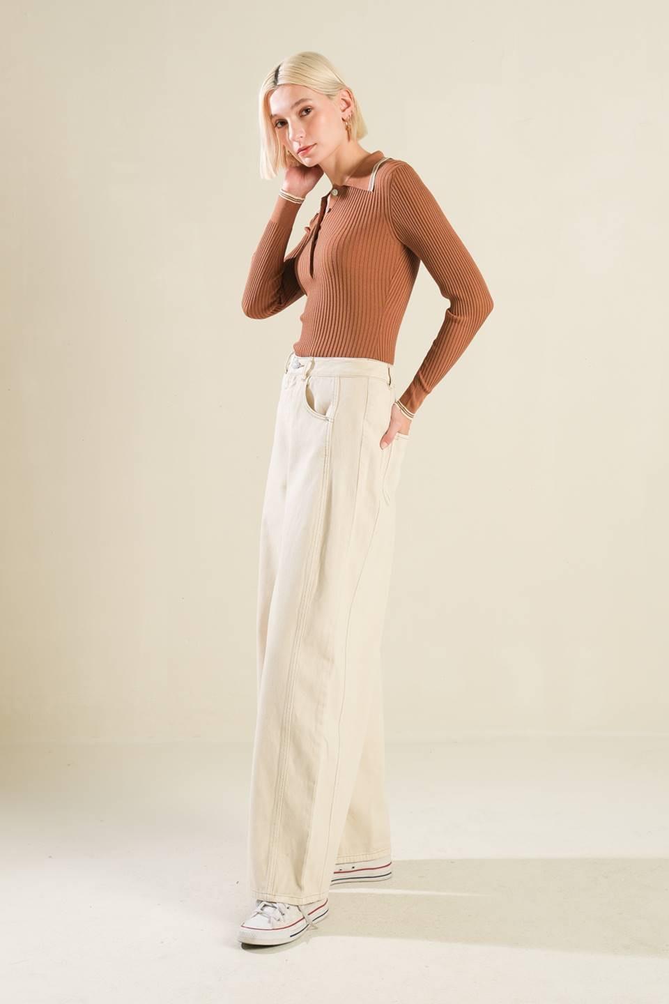 I'll Think About Polo Top in brown cream, view 3 — Soul Flow Apparel