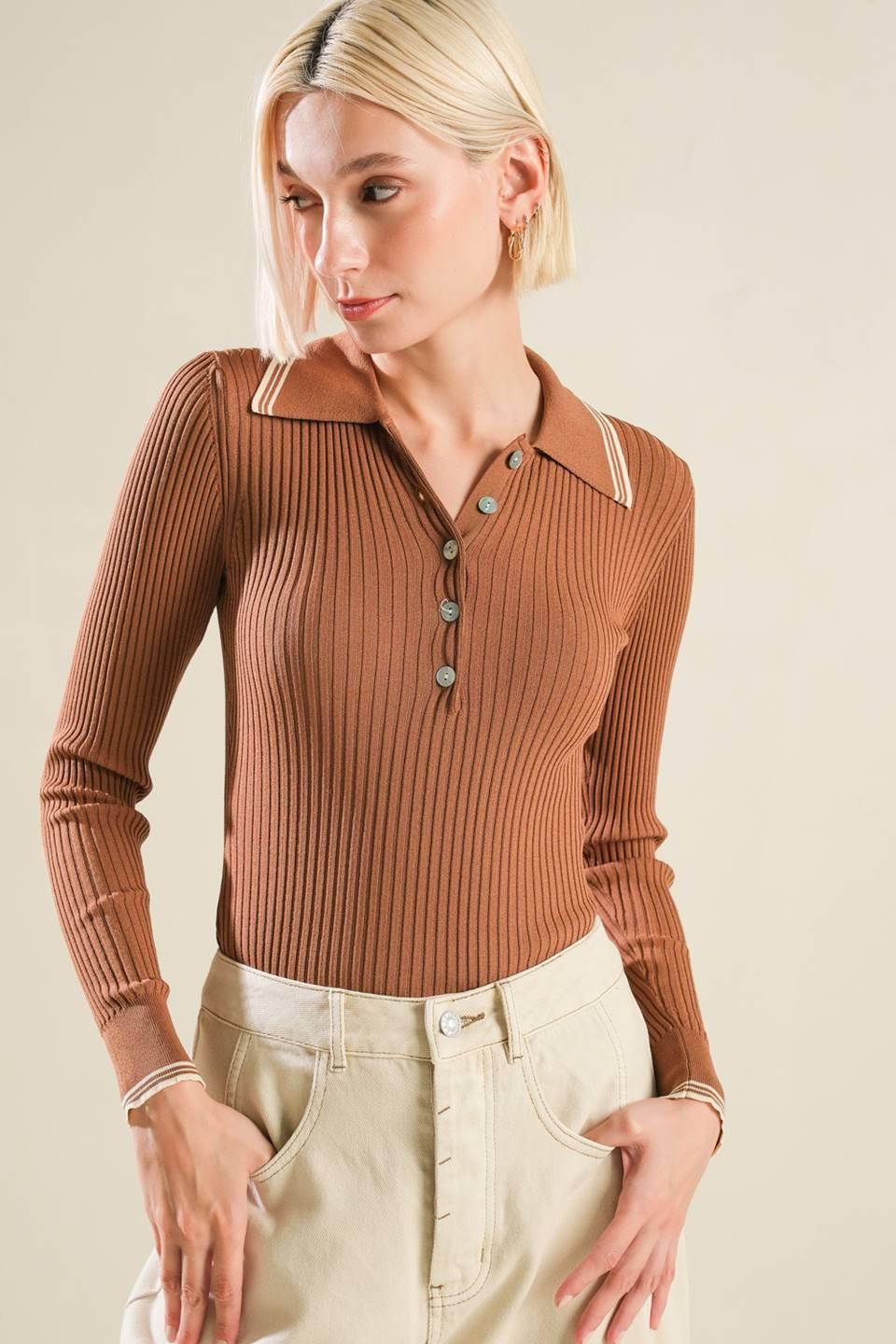 I'll Think About Polo Top in brown cream, view 4 — Soul Flow Apparel