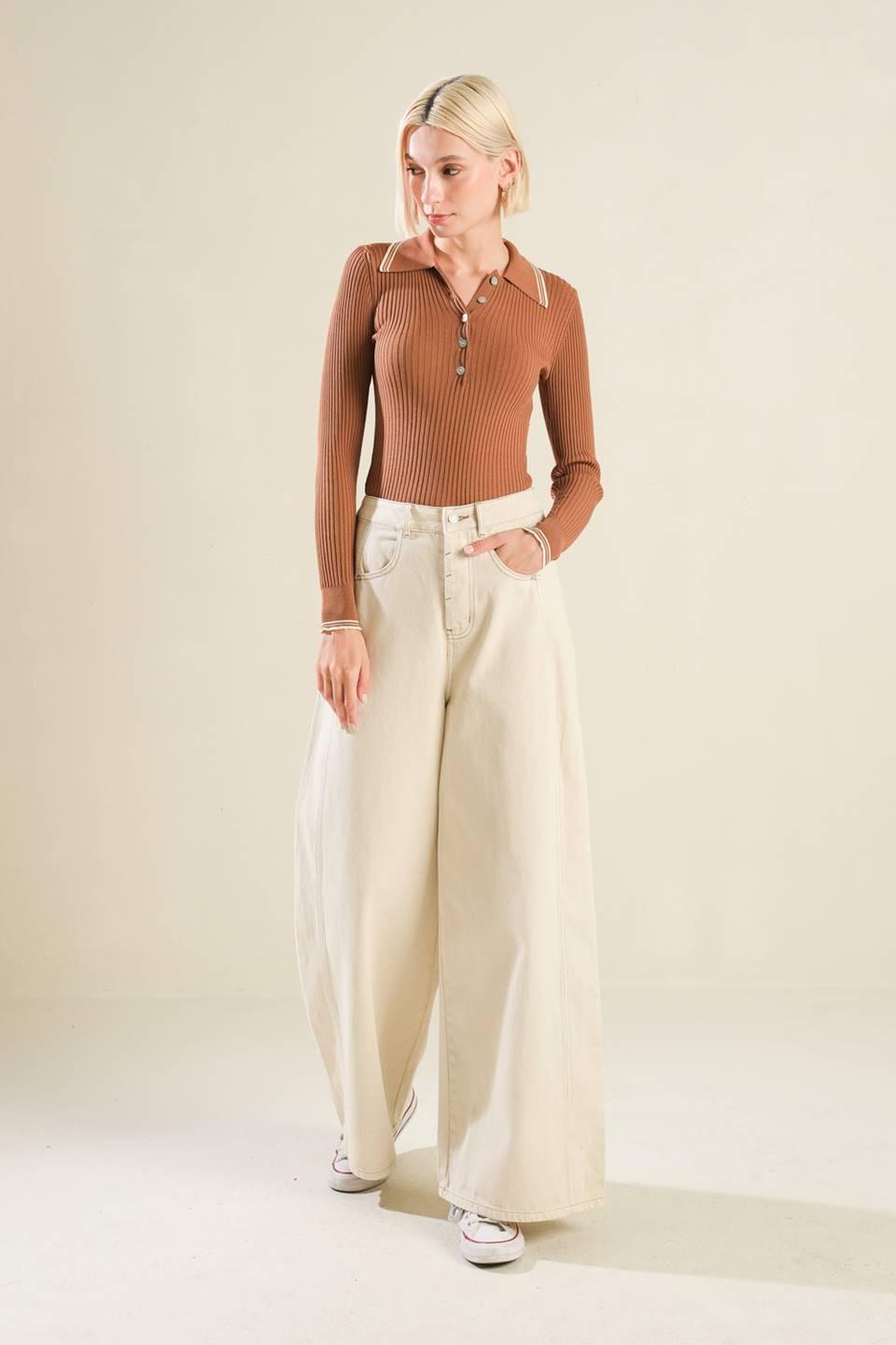 I'll Think About Polo Top in brown cream, view 5 — Soul Flow Apparel