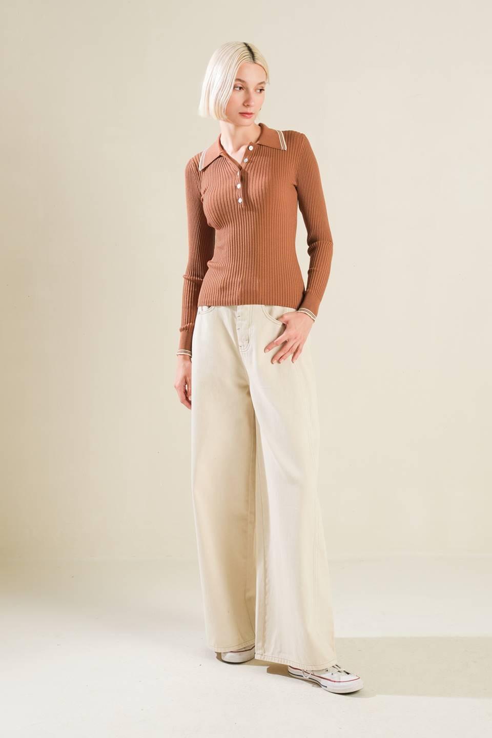 I'll Think About Polo Top in brown cream, view 7 — Soul Flow Apparel
