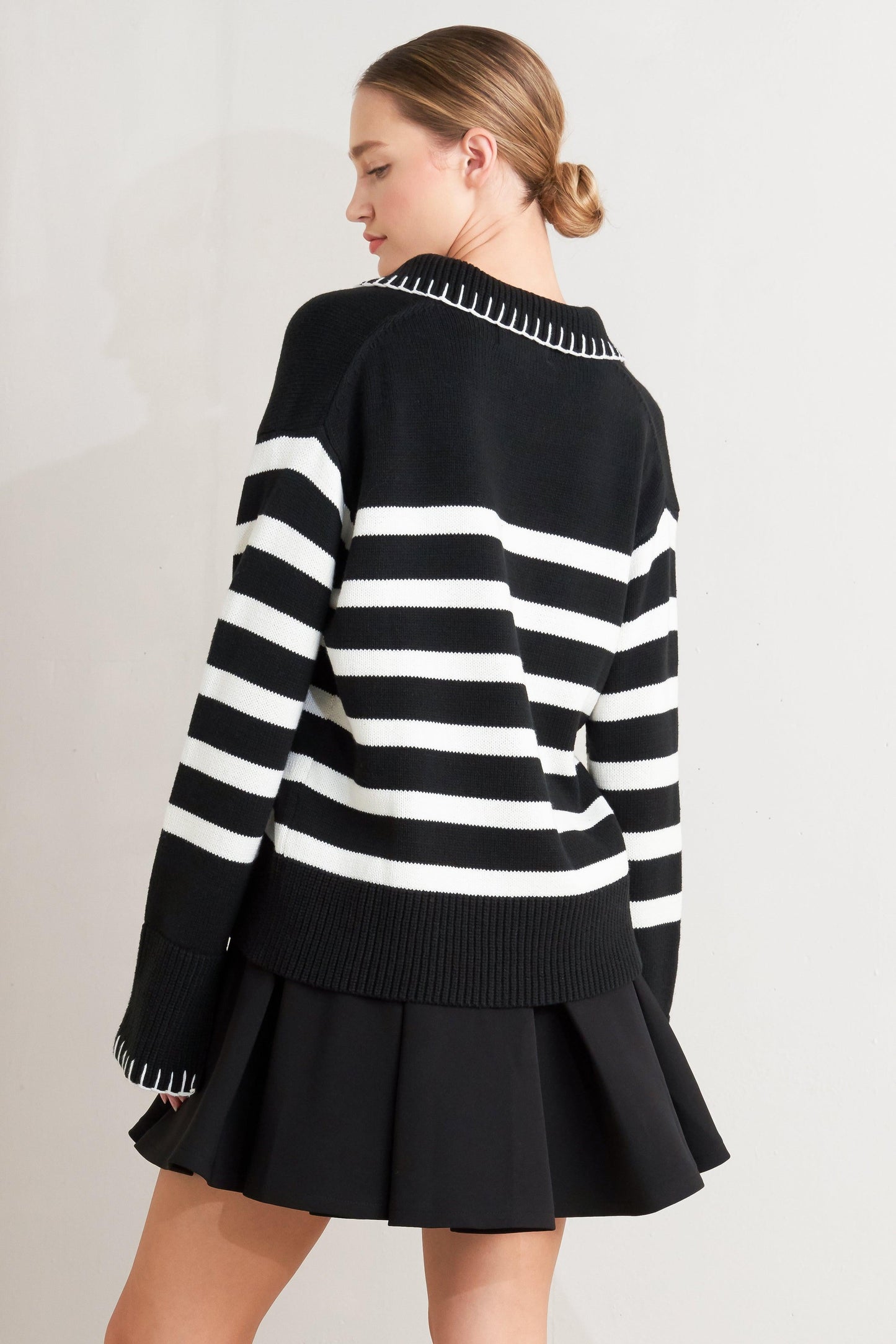 Timeless Charm Sweater Top in black off-white, view 3 — Soul Flow Apparel