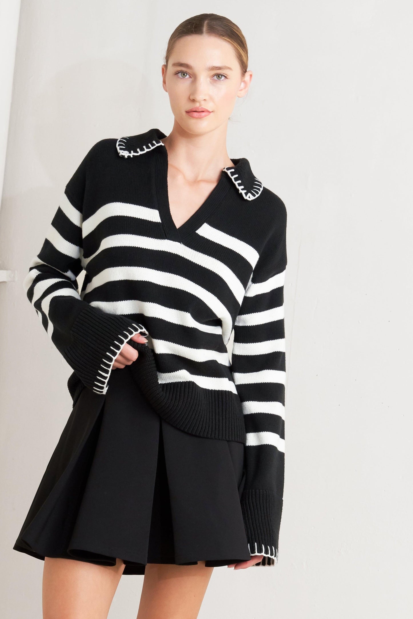 Timeless Charm Sweater Top in black off-white, view 5 — Soul Flow Apparel