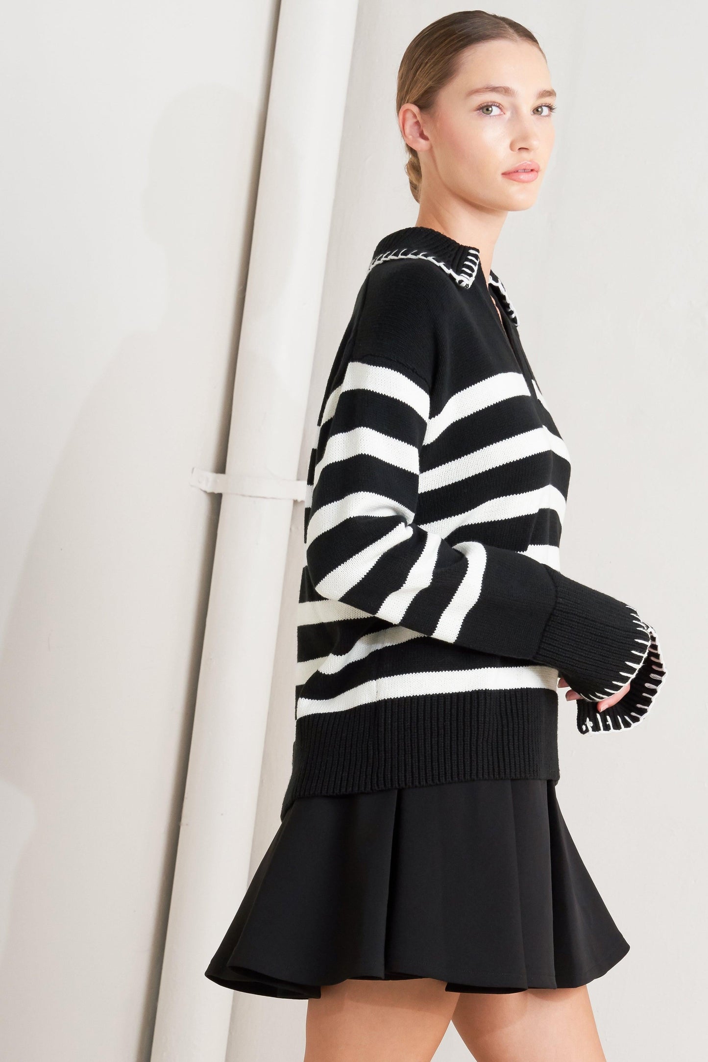 Timeless Charm Sweater Top in black off-white, view 6 — Soul Flow Apparel