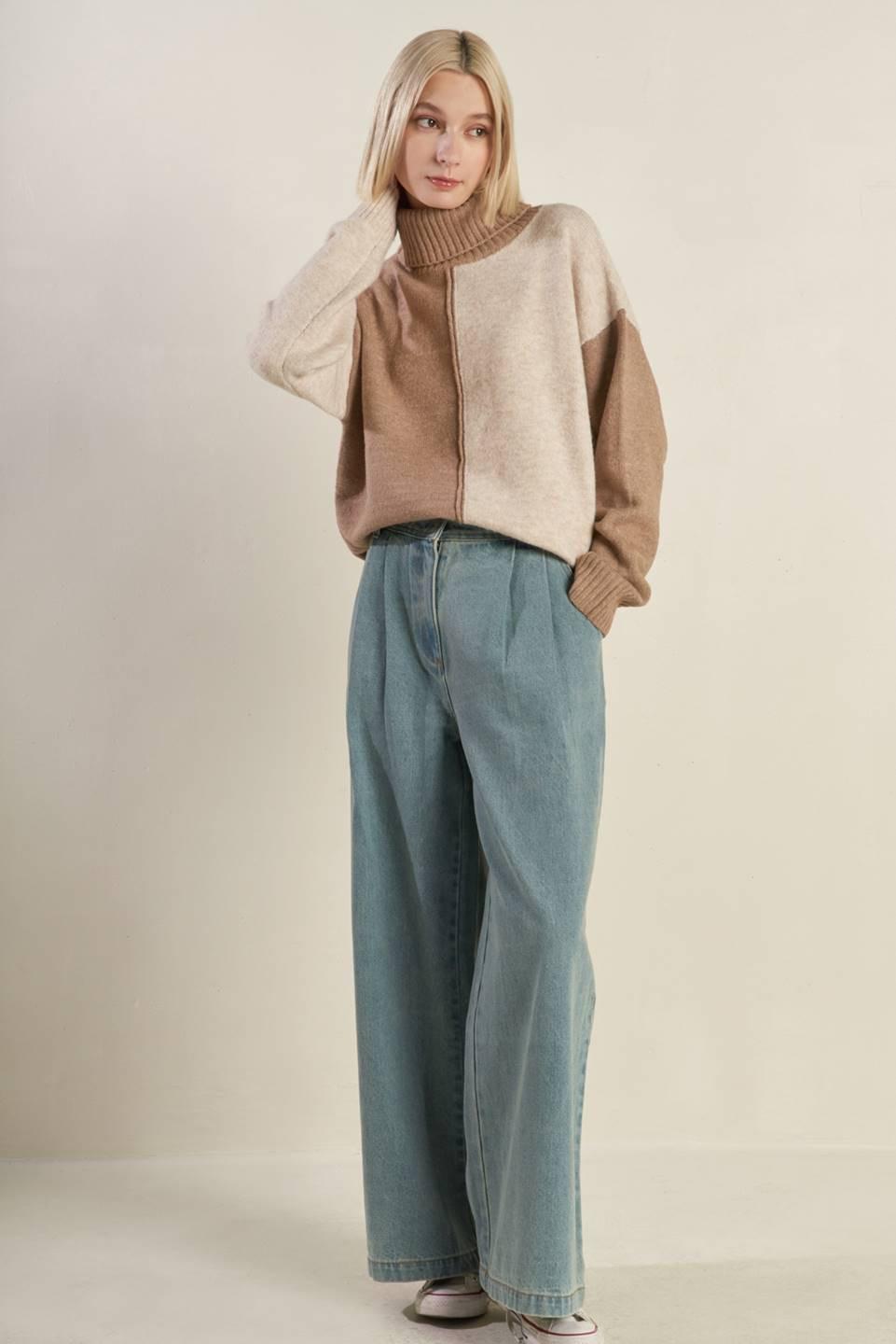 Mixed Emotions Colorblocked Sweater Top in mochacombo, view 1 — Soul Flow Apparel