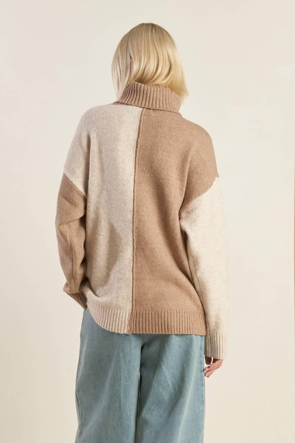 Mixed Emotions Colorblocked Sweater Top in mochacombo, view 2 — Soul Flow Apparel