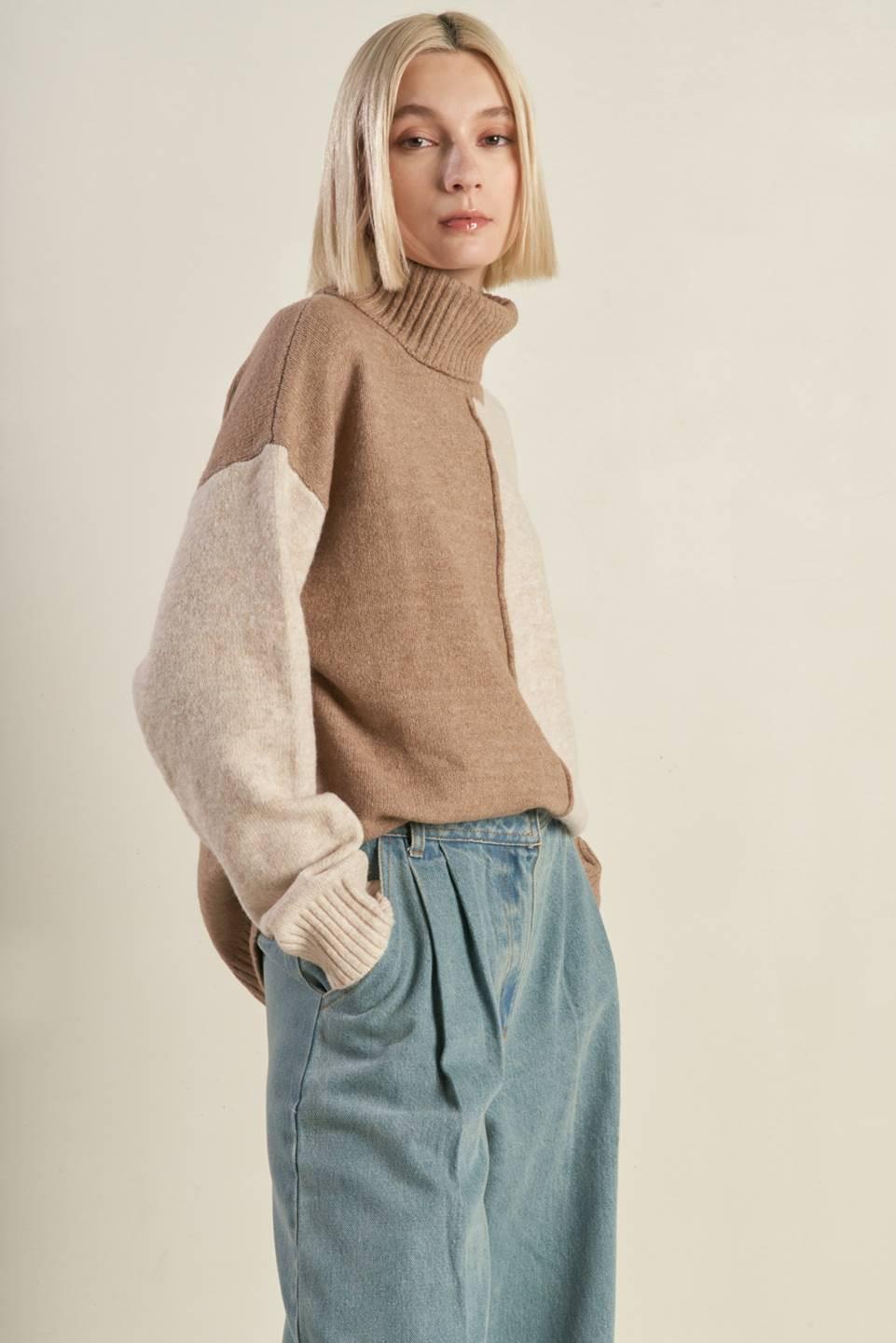 Mixed Emotions Colorblocked Sweater Top in mochacombo, view 3 — Soul Flow Apparel