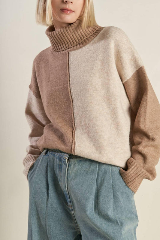 Mixed Emotions Colorblocked Sweater Top in mochacombo, view 6 — Soul Flow Apparel