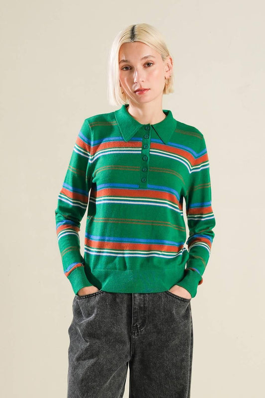 Call It Fate Sweater Polo Top in green multi, view 1 — Soul Flow Apparel