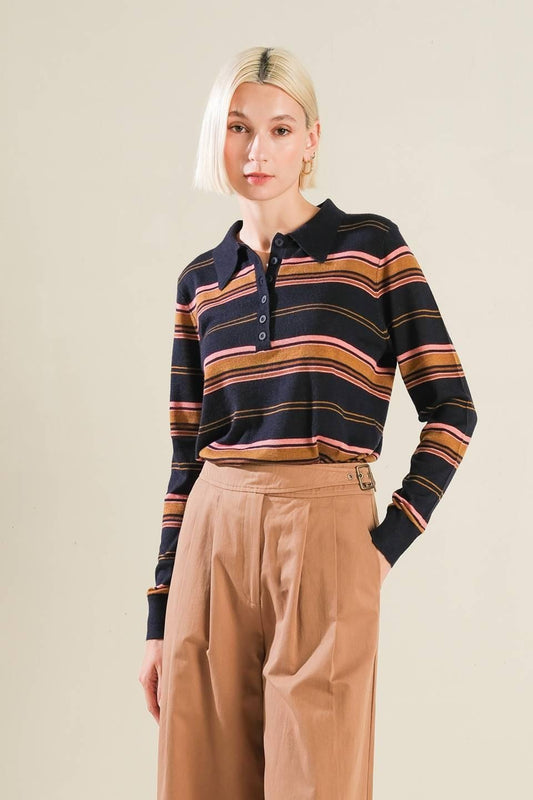 Call It Fate Sweater Polo Top in navy multi, view 1 — Soul Flow Apparel