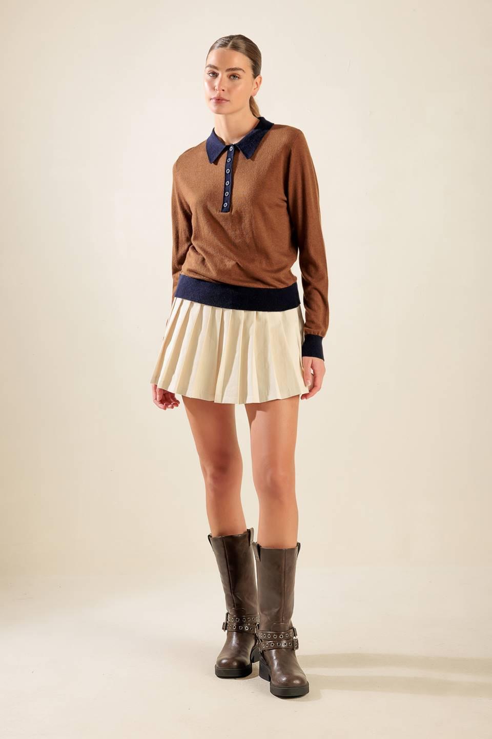 Hidden Reflections Sweater Polo Top in brown navy, view 1 — Soul Flow Apparel