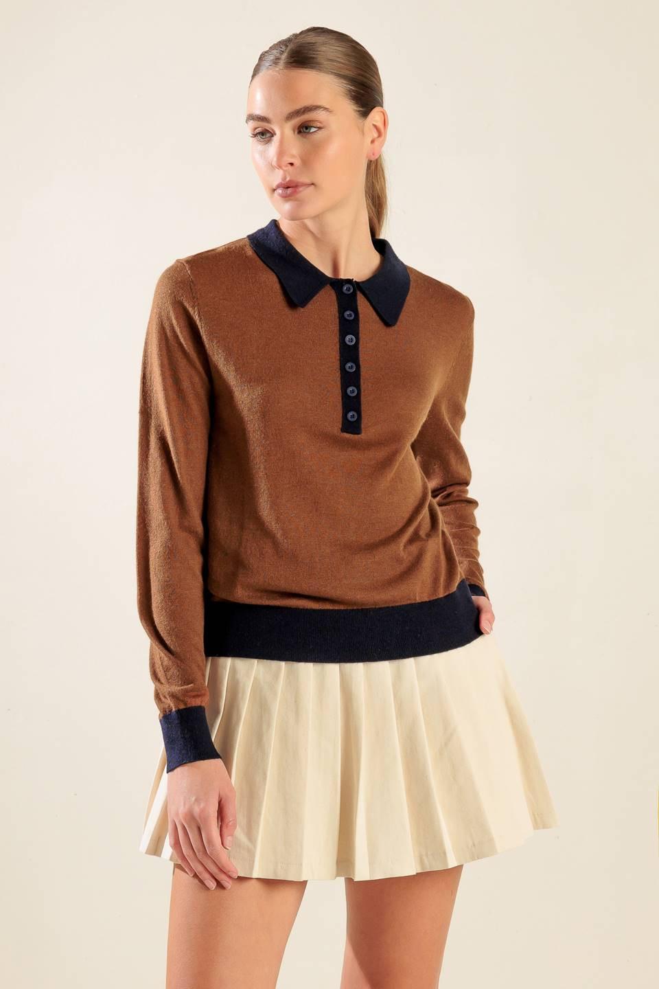 Hidden Reflections Sweater Polo Top in brown navy, view 2 — Soul Flow Apparel