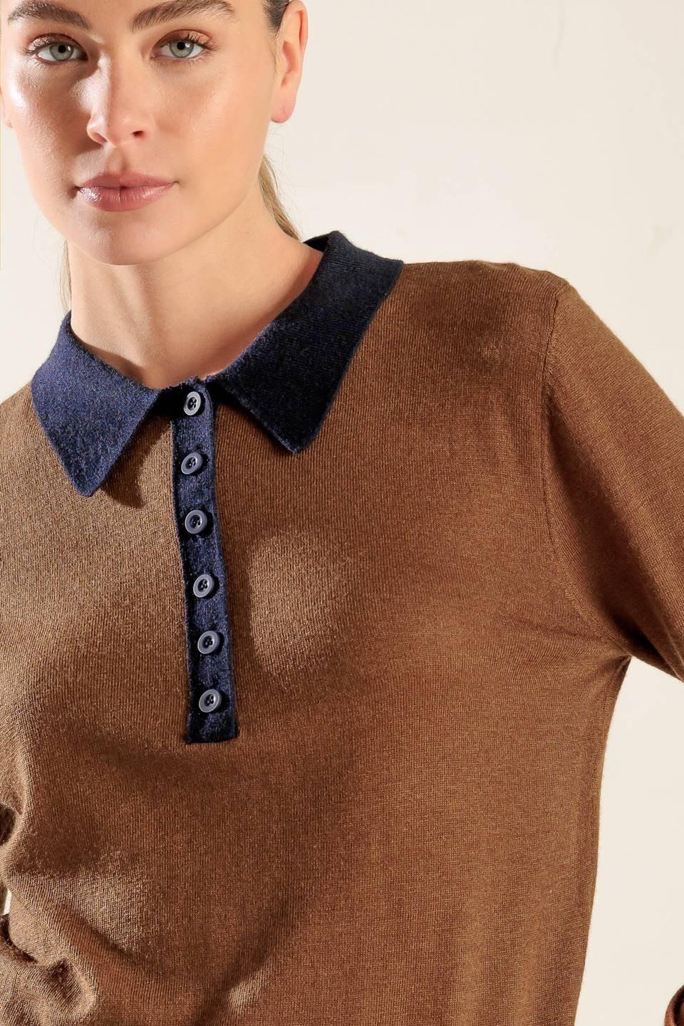 Hidden Reflections Sweater Polo Top in brown navy, view 3 — Soul Flow Apparel