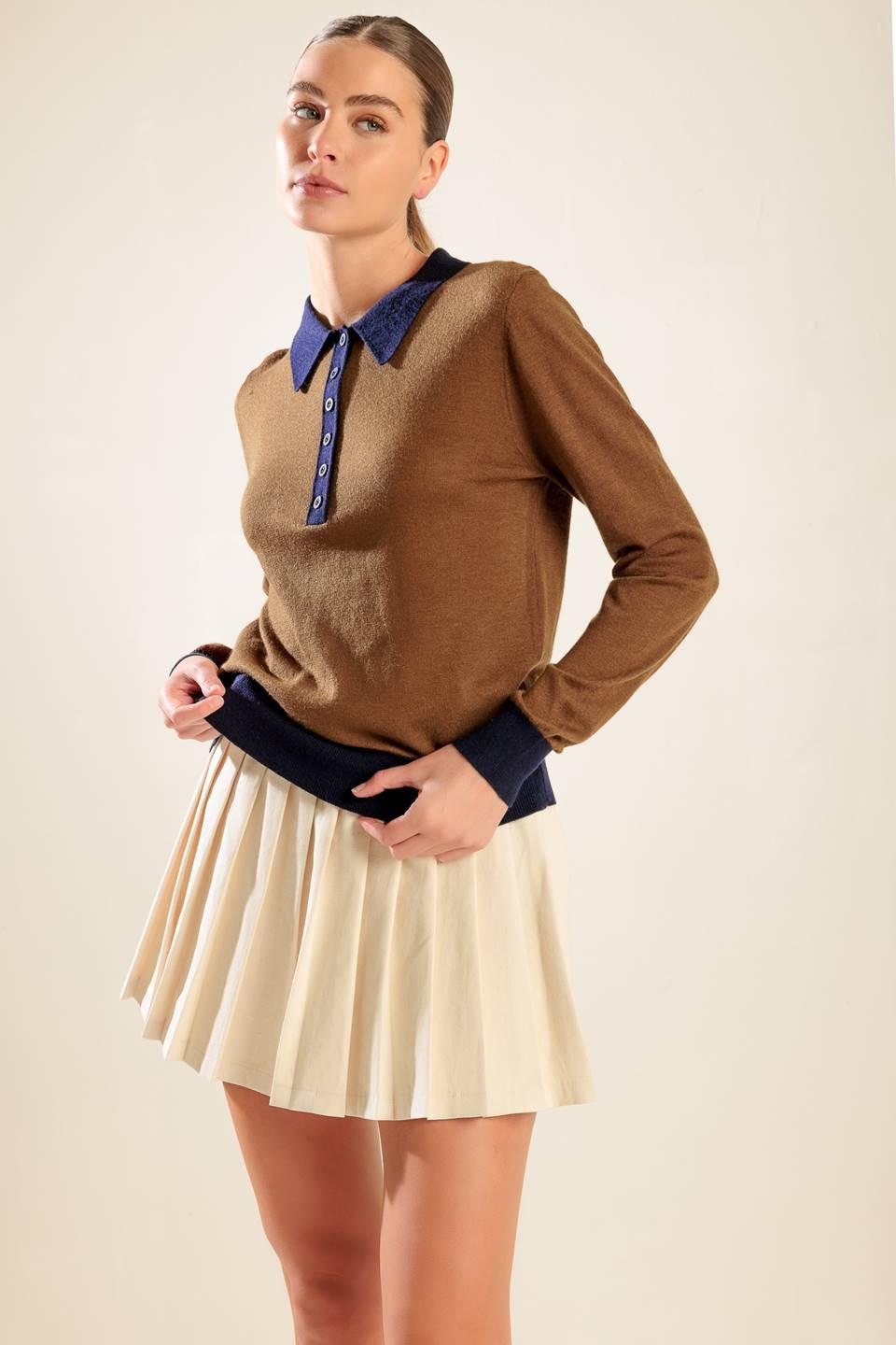 Hidden Reflections Sweater Polo Top in brown navy, view 4 — Soul Flow Apparel