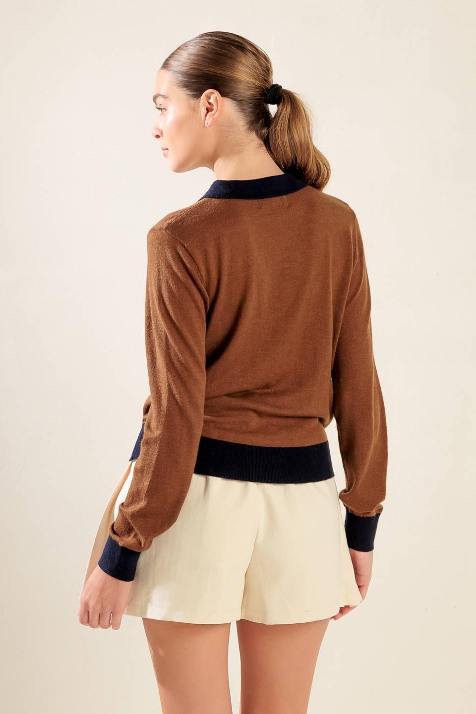 Hidden Reflections Sweater Polo Top in brown navy, view 5 — Soul Flow Apparel
