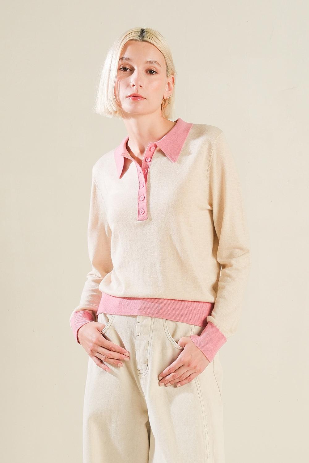 Hidden Reflections Sweater Polo Top in lbeigepink, view 1 — Soul Flow Apparel