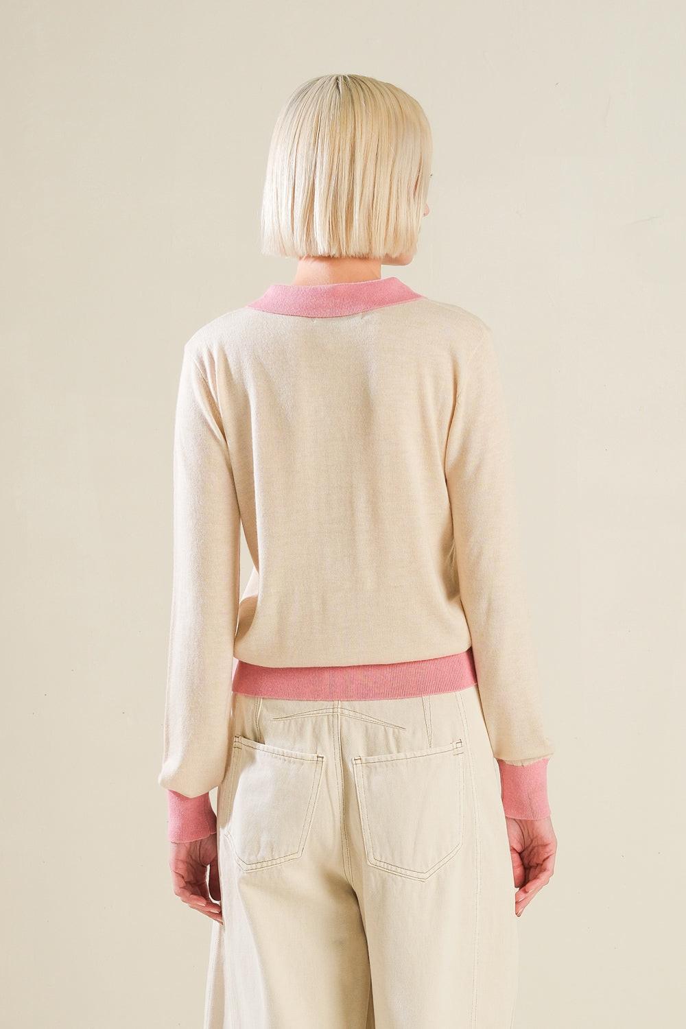 Hidden Reflections Sweater Polo Top in lbeigepink, view 2 — Soul Flow Apparel