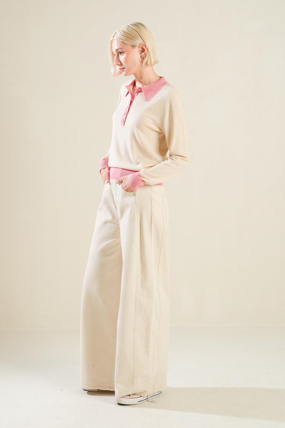 Hidden Reflections Sweater Polo Top in lbeigepink, view 3 — Soul Flow Apparel