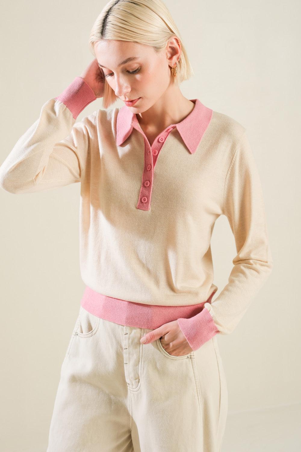 Hidden Reflections Sweater Polo Top in lbeigepink, view 4 — Soul Flow Apparel