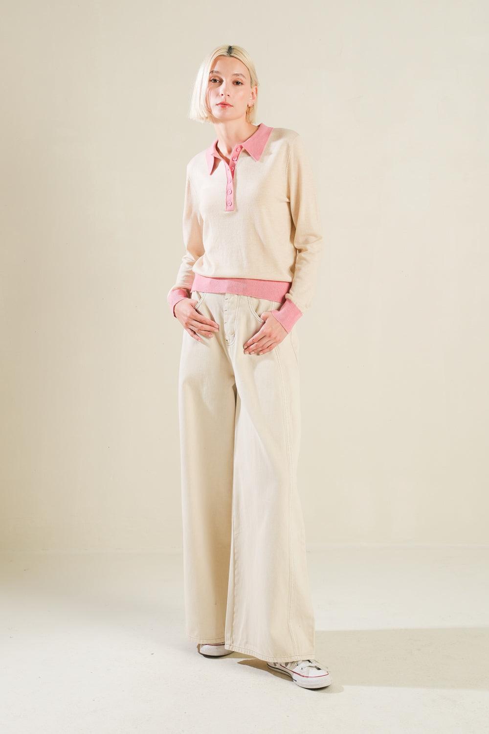 Hidden Reflections Sweater Polo Top in lbeigepink, view 5 — Soul Flow Apparel