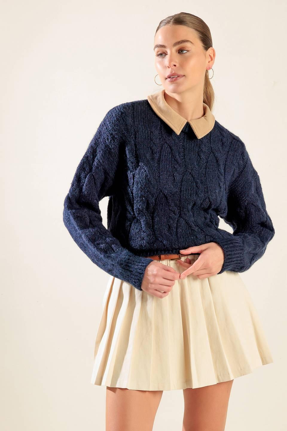 Totally Smitten Pullover Sweater Top in navy camel, view 1 — Soul Flow Apparel