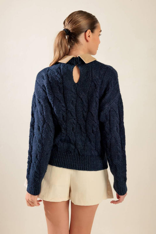 Totally Smitten Pullover Sweater Top in navy camel, view 2 — Soul Flow Apparel