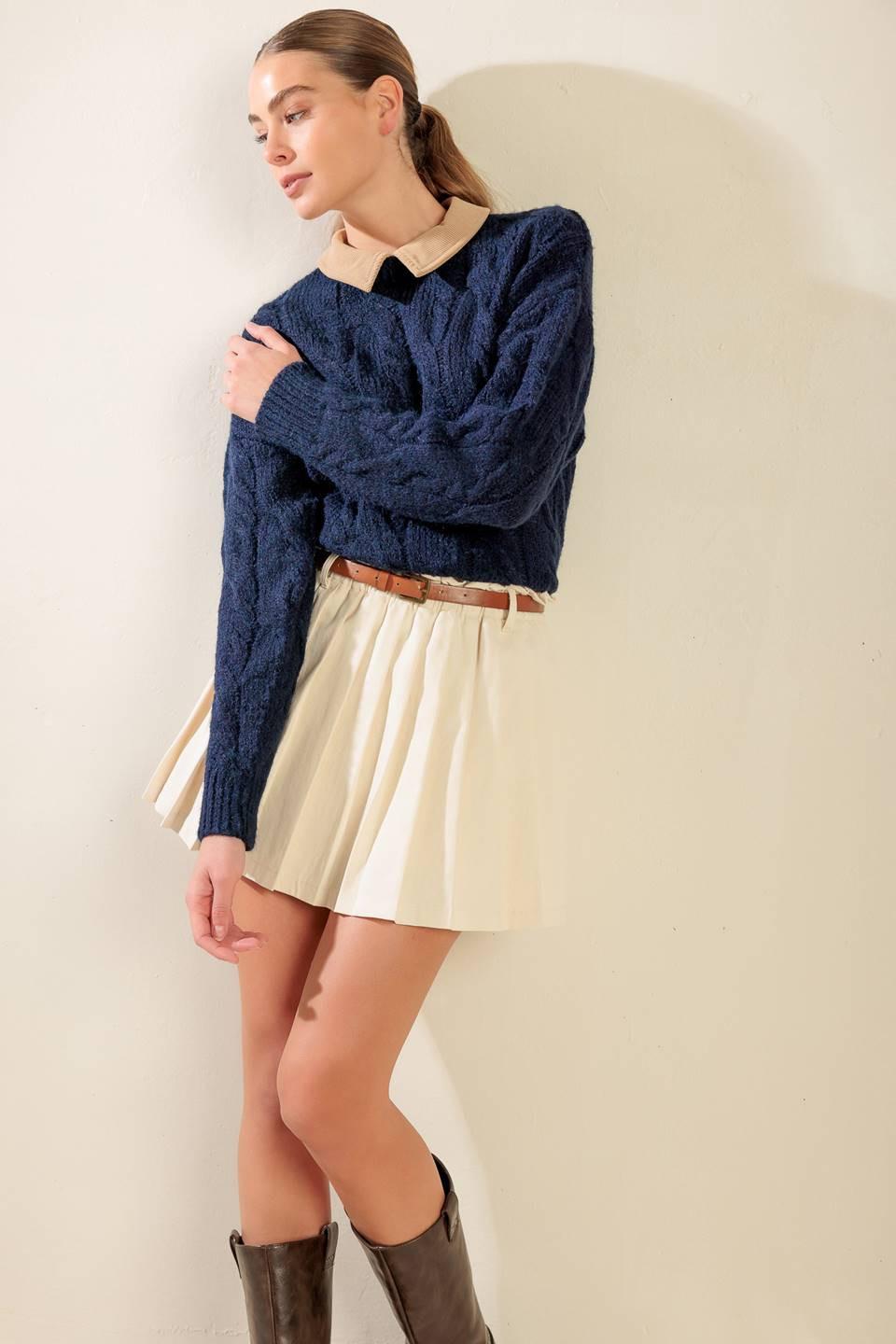 Totally Smitten Pullover Sweater Top in navy camel, view 3 — Soul Flow Apparel
