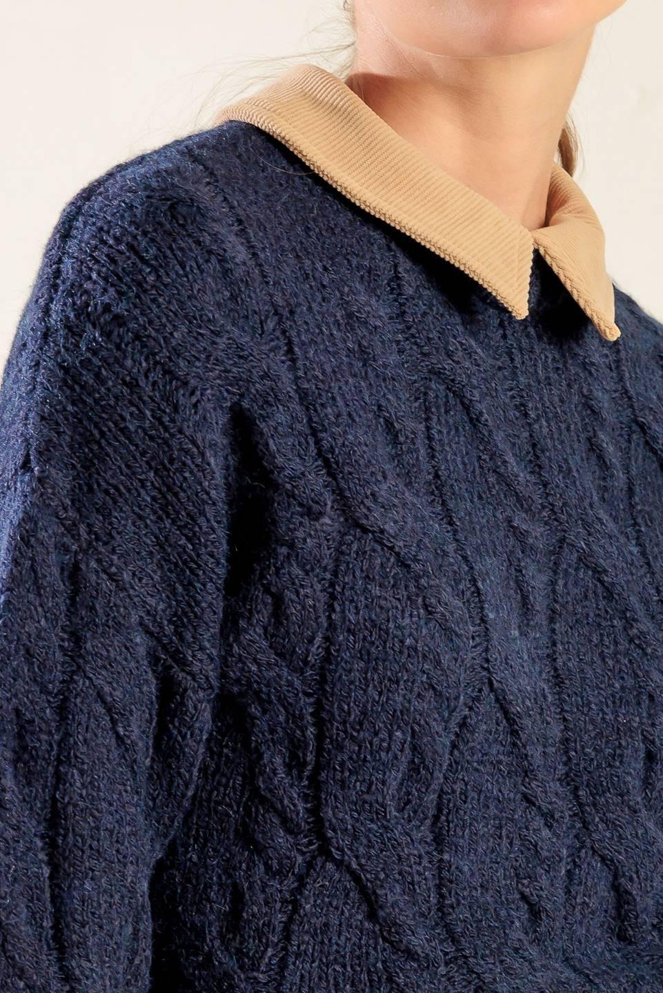 Totally Smitten Pullover Sweater Top in navy camel, view 4 — Soul Flow Apparel