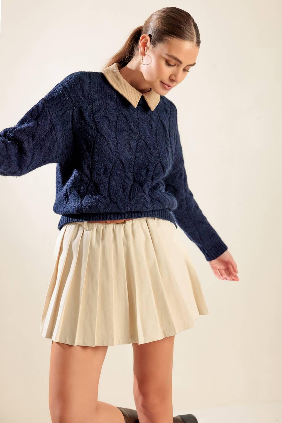 Totally Smitten Pullover Sweater Top in navy camel, view 6 — Soul Flow Apparel