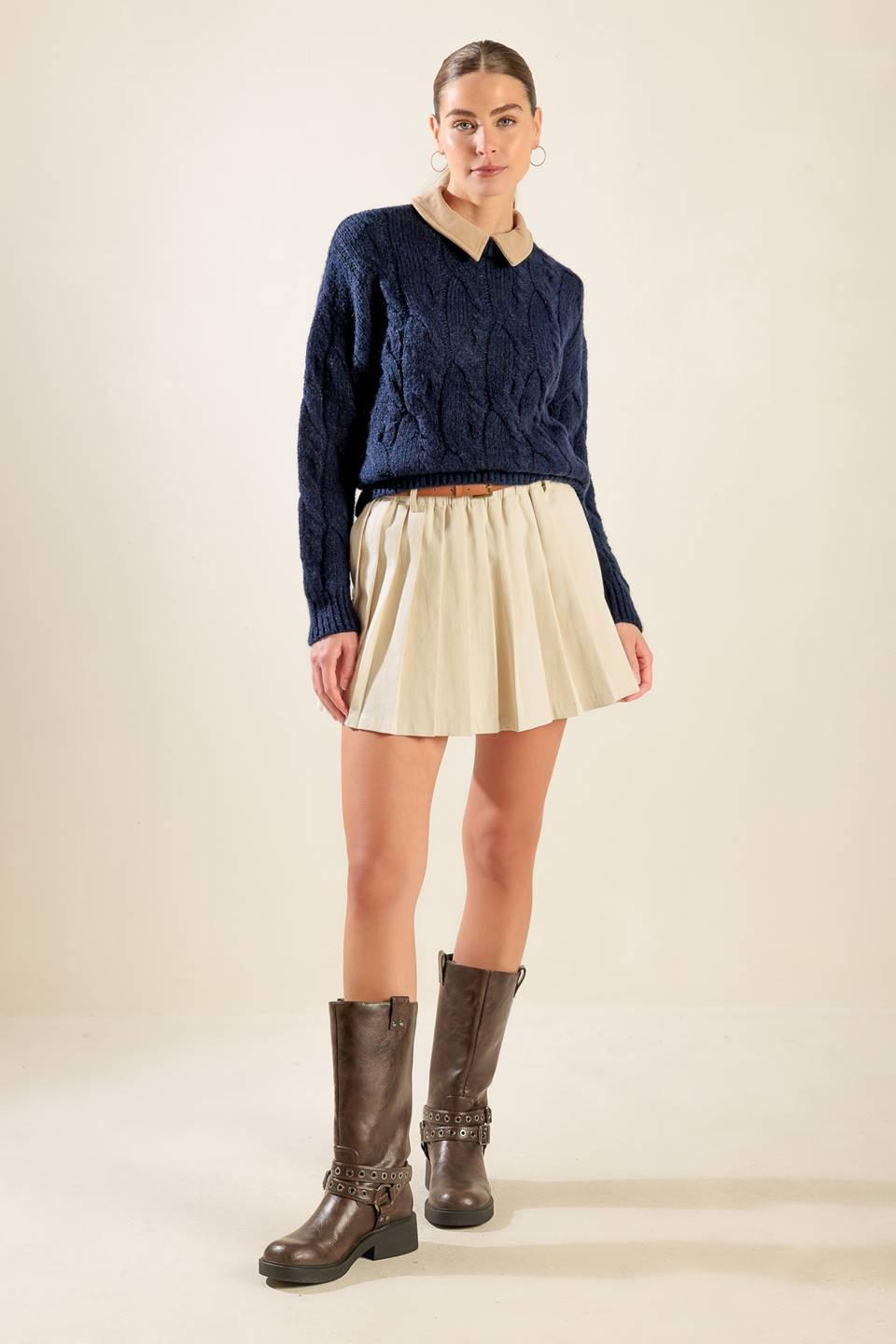 Totally Smitten Pullover Sweater Top in navy camel, view 8 — Soul Flow Apparel