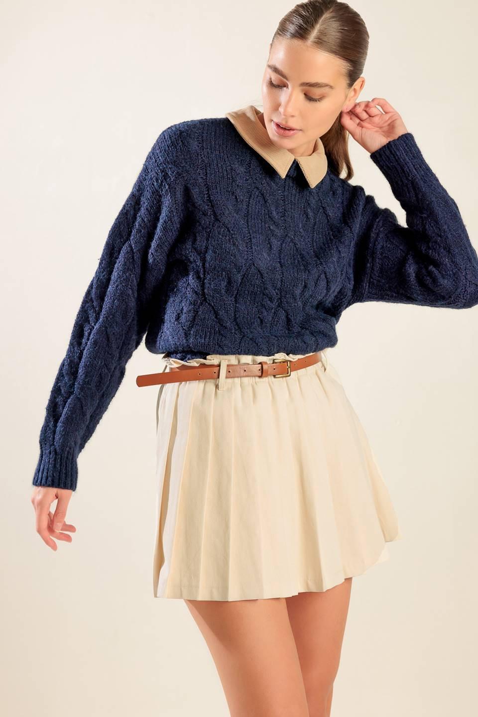 Totally Smitten Pullover Sweater Top in navy camel, view 9 — Soul Flow Apparel