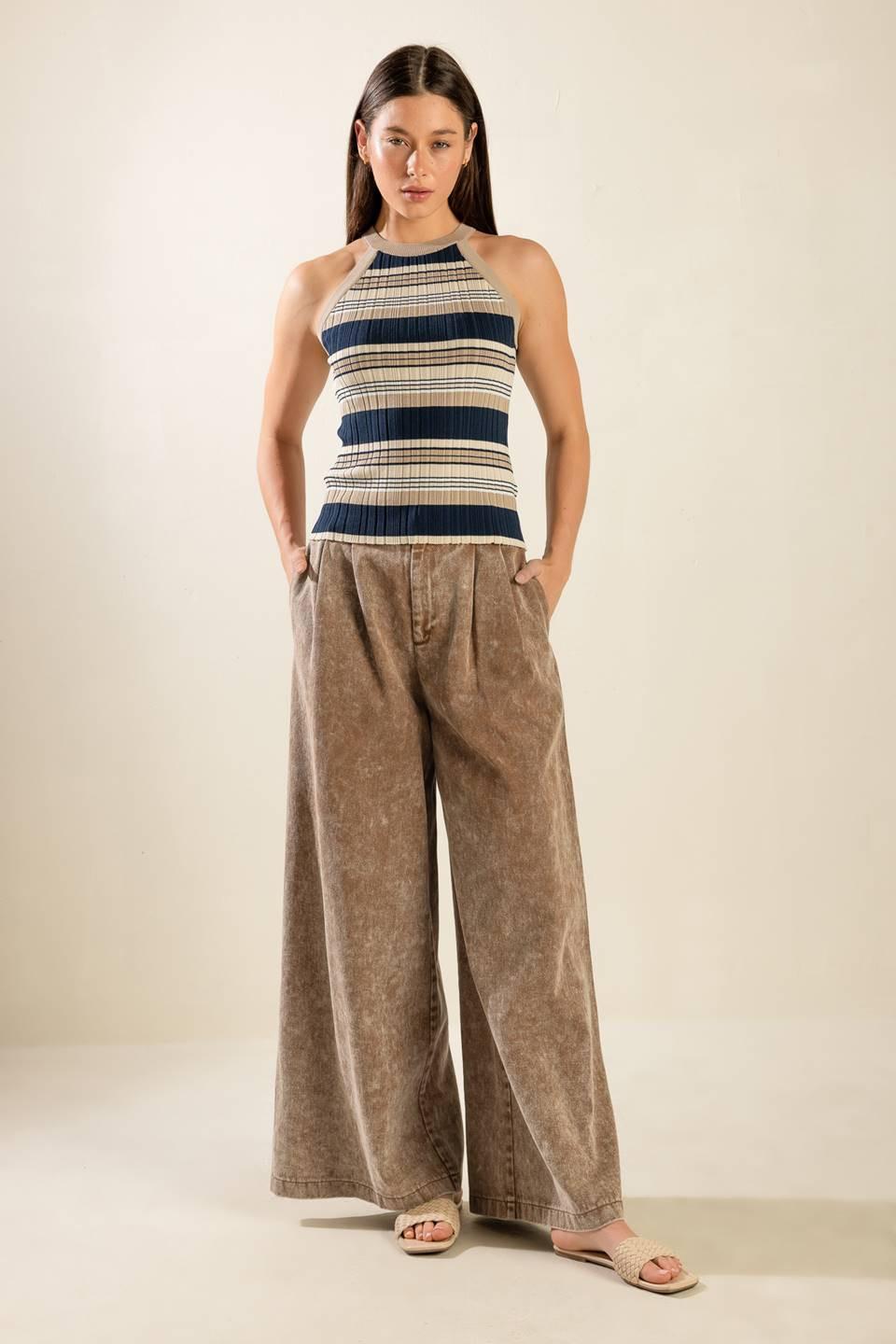 Anytime Now Sweater Knit Top in navy taupe, view 1 — Soul Flow Apparel