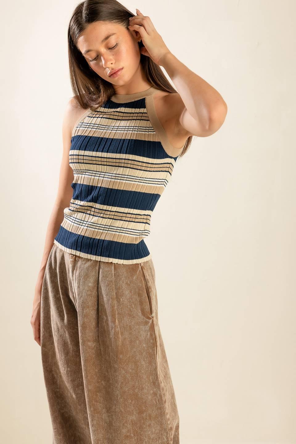 Anytime Now Sweater Knit Top in navy taupe, view 4 — Soul Flow Apparel