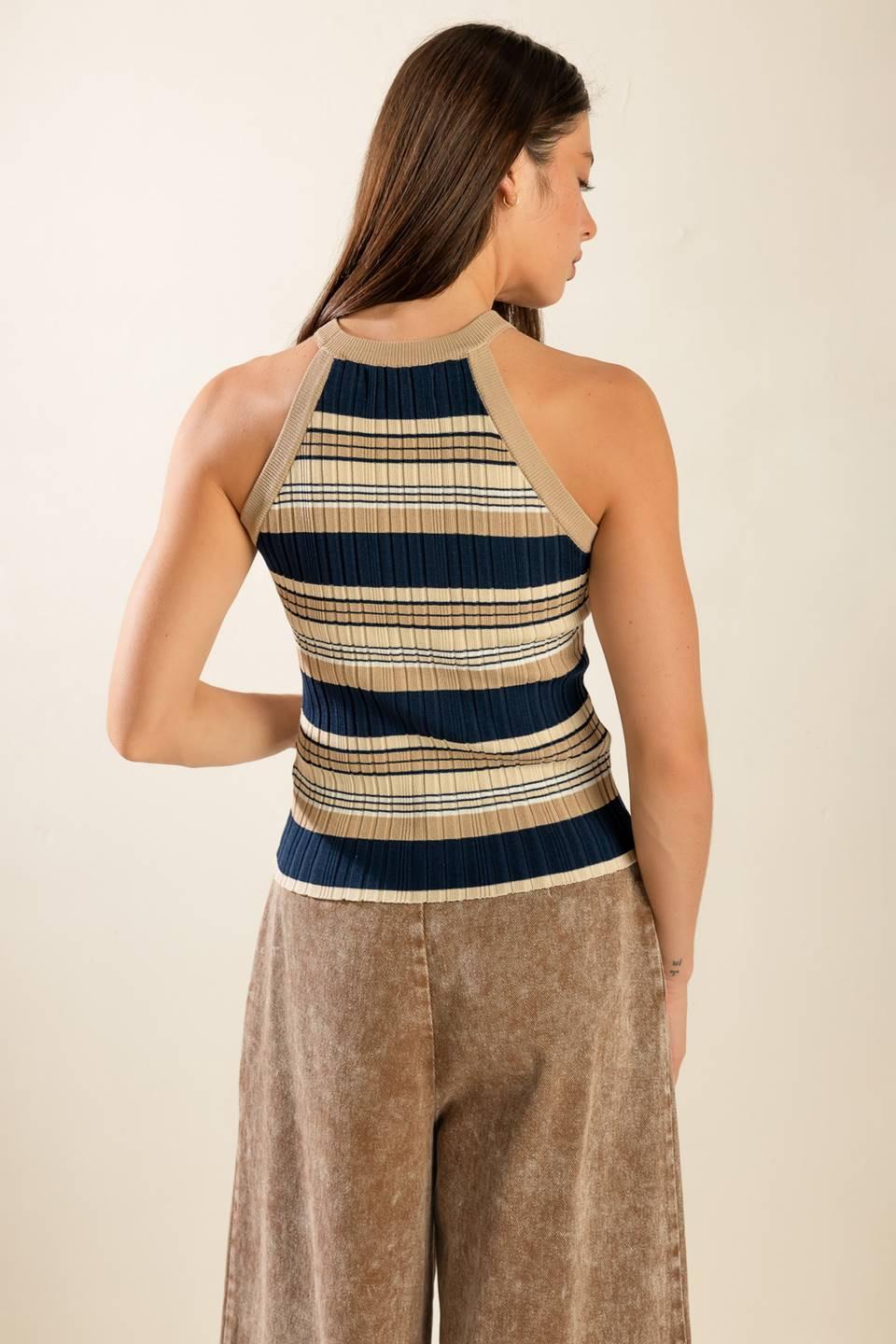 Anytime Now Sweater Knit Top in navy taupe, view 5 — Soul Flow Apparel