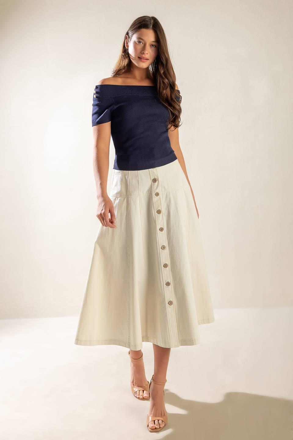 Time for Tea Off Shoulder Sweater Top in navy, view 1 — Soul Flow Apparel