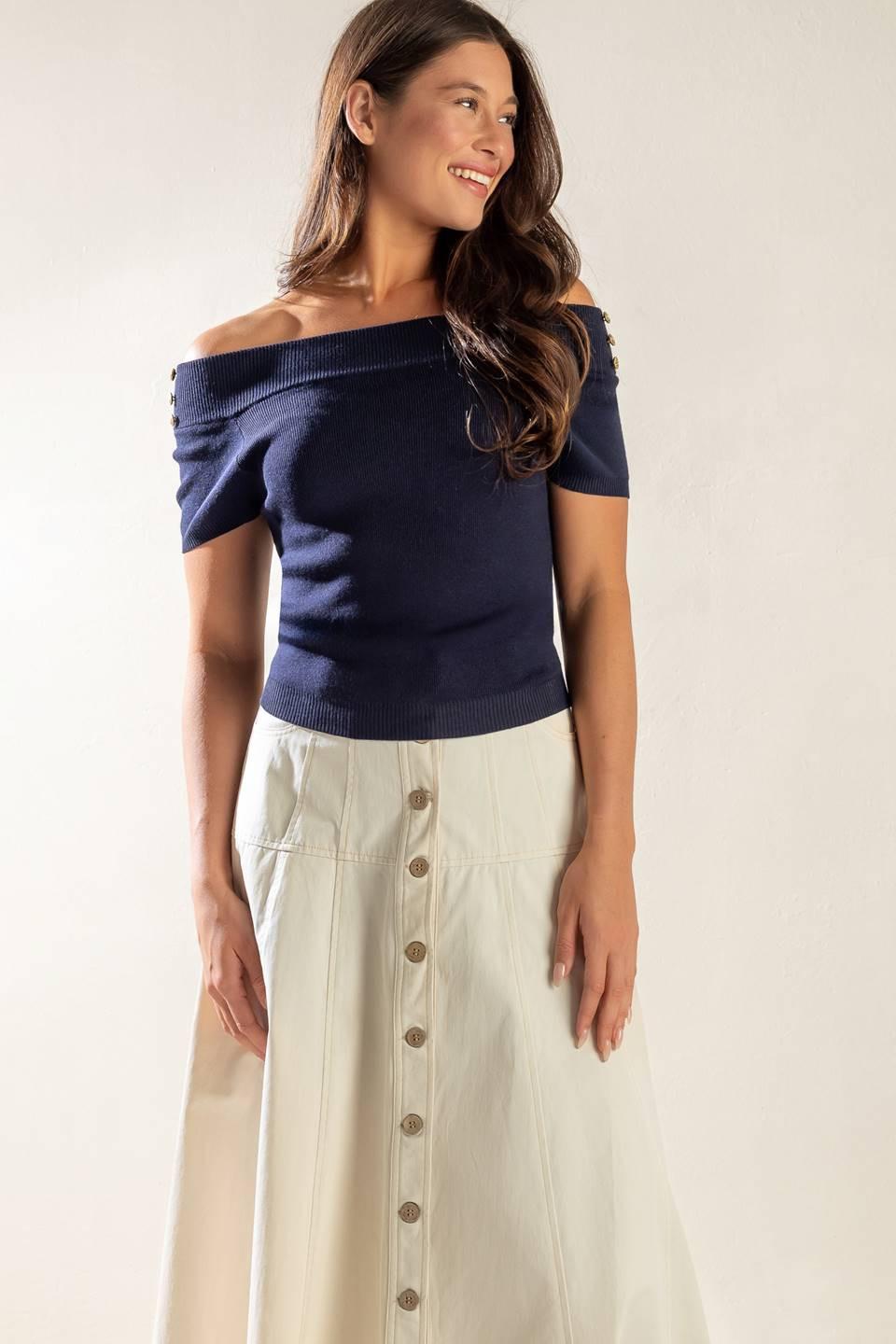 Time for Tea Off Shoulder Sweater Top in navy, view 2 — Soul Flow Apparel