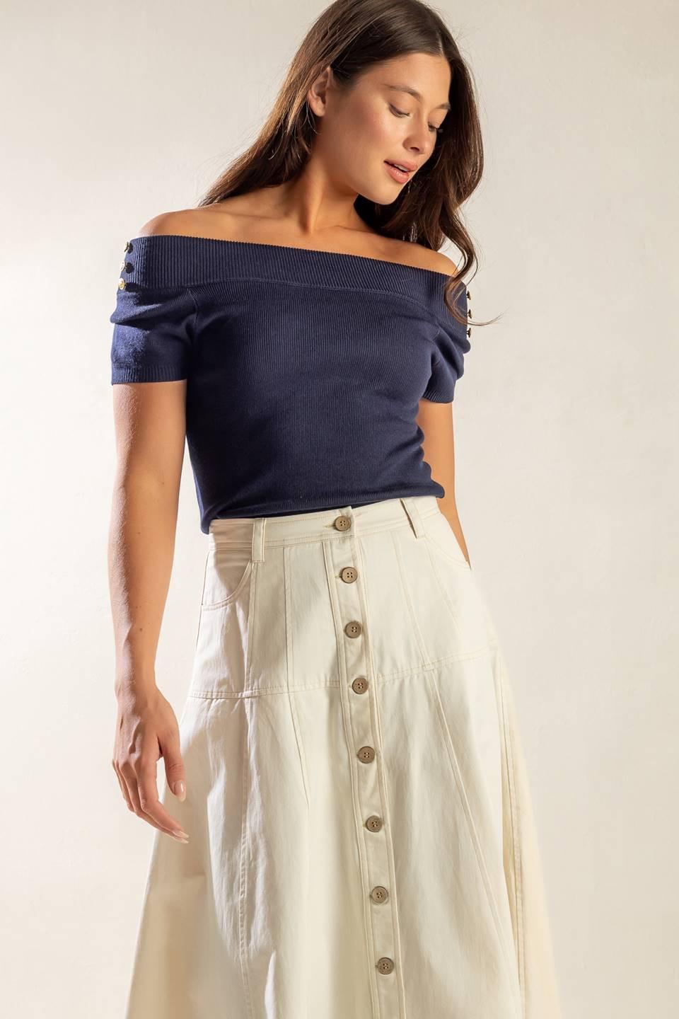 Time for Tea Off Shoulder Sweater Top in navy, view 5 — Soul Flow Apparel